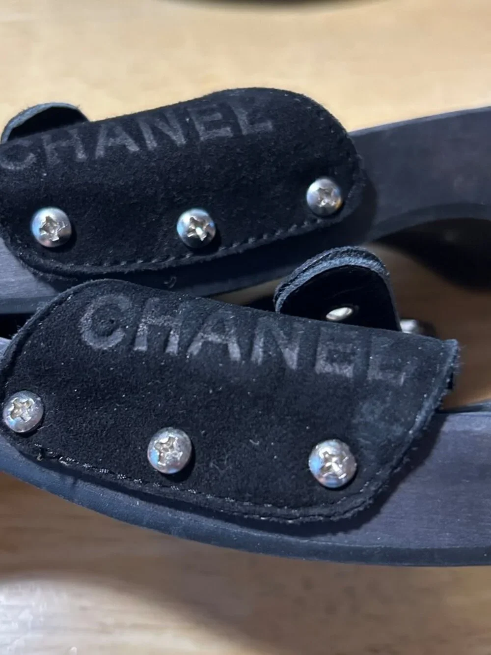 Authentic Women Chanel Black Suede Interlocked CC Wood Clog Mule Sandals 38 US/8